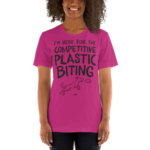 Open image in slideshow, unisex t-shirt: competitive plastic biting (black print)

