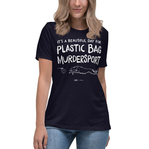 Open image in slideshow, women&#39;s relaxed fit t-shirt: plastic bag murdersport (borzoi)
